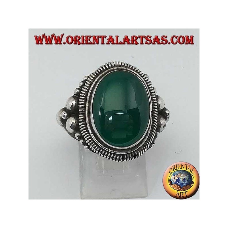 Anello in argento con agata verde ovale a cabochon grande
