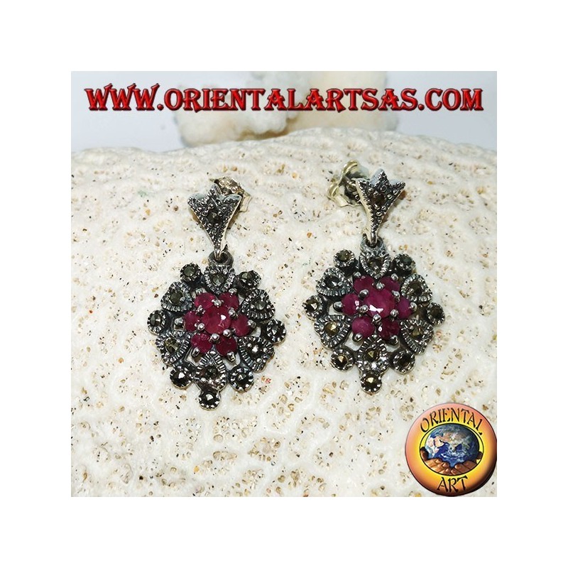 Pendientes de plata con 1 + 6 rubíes naturales redondos engastados con marcasita.