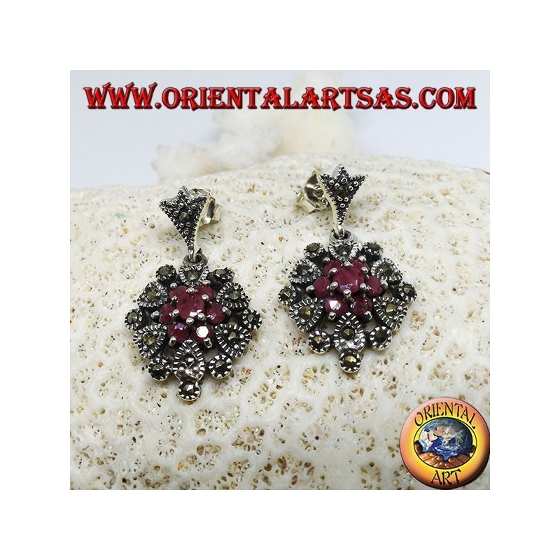Silver earrings with 1 + 6 round natural rubies set surrounded by marcasite