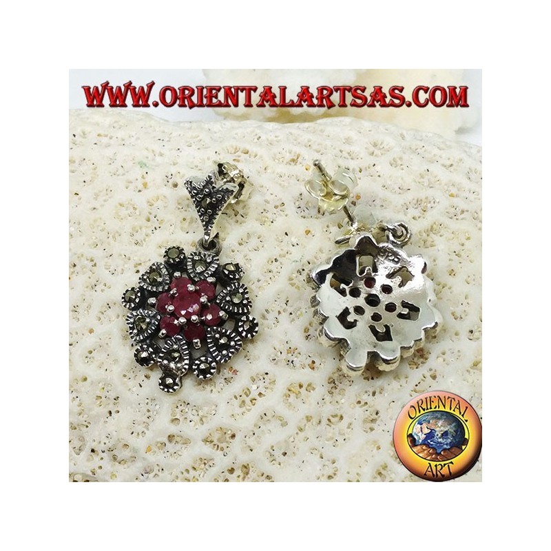 Boucles d'oreilles en argent avec 1 + 6 rubis naturels ronds sertis de marcassite