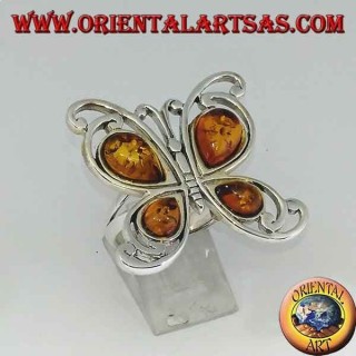 Silver ring in the shape of a butterfly with 4 drop amber