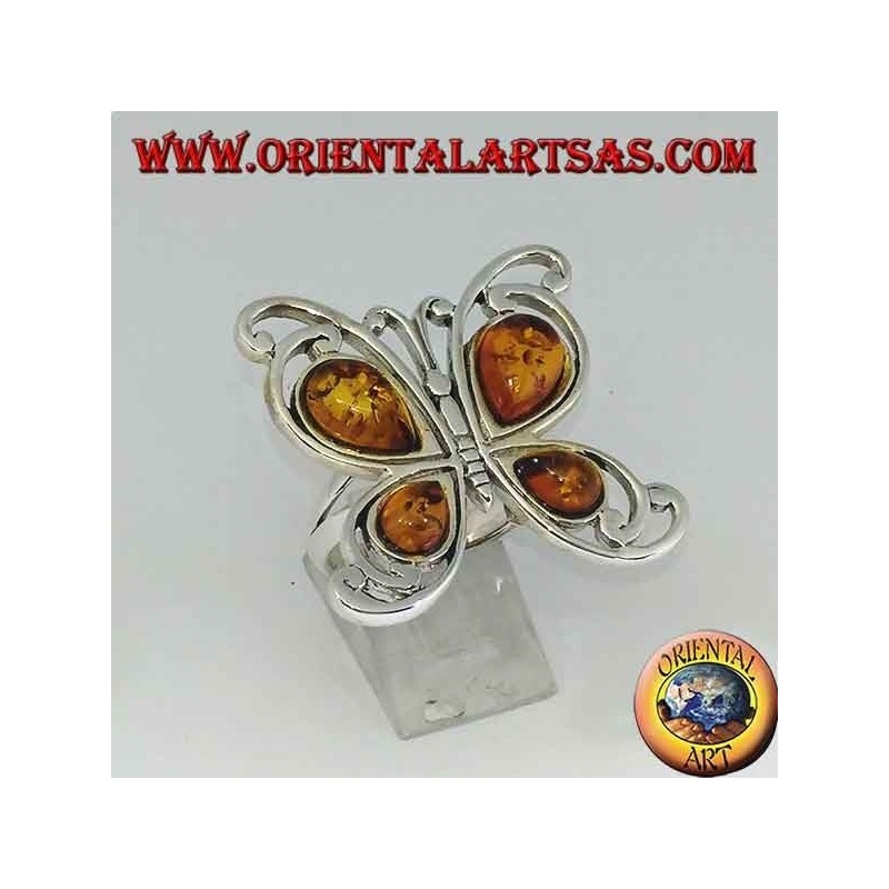 Anello in argento a forma di farfalla con 4 ambre a goccia 