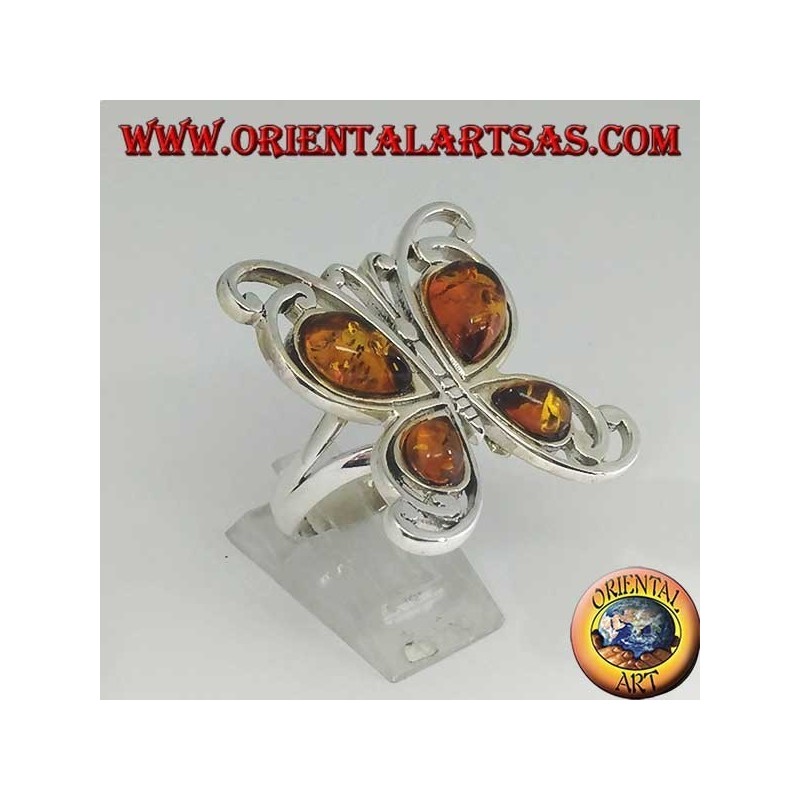 Bague en argent en forme de papillon avec 4 gouttes d'ambre