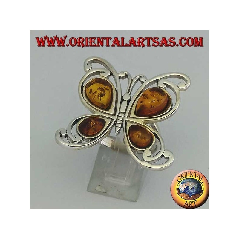 Anillo de plata con forma de mariposa con 4 gotas de ámbar