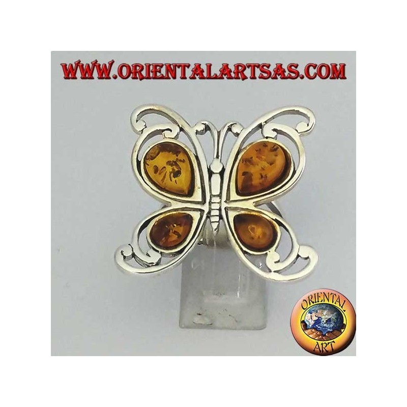 Bague en argent en forme de papillon avec 4 gouttes d'ambre