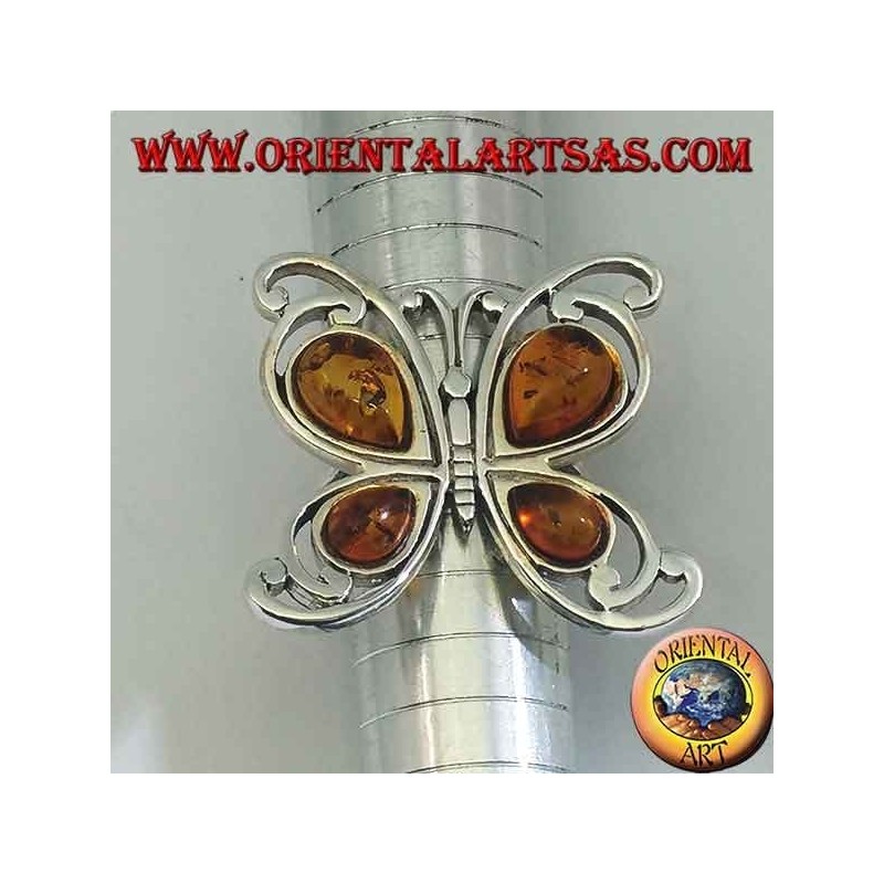 Silver ring in the shape of a butterfly with 4 drop amber