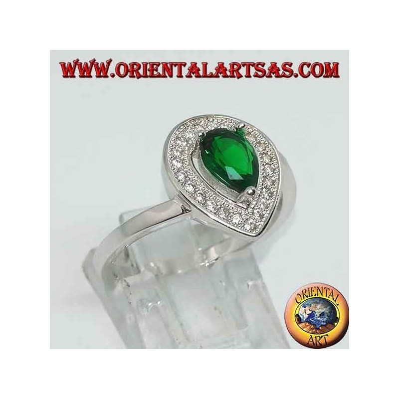 Silver ring with synthetic drop emerald surrounded by zircons