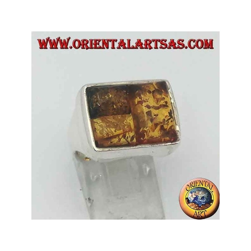 Rectangular silver ring with three rectangular amber