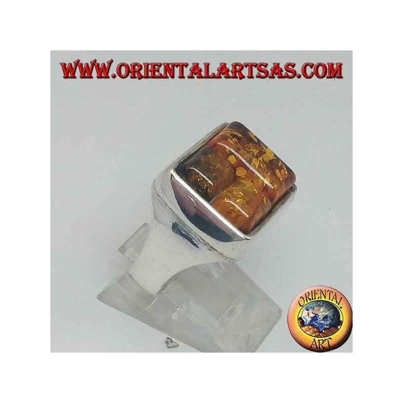 Rectangular silver ring with three rectangular amber