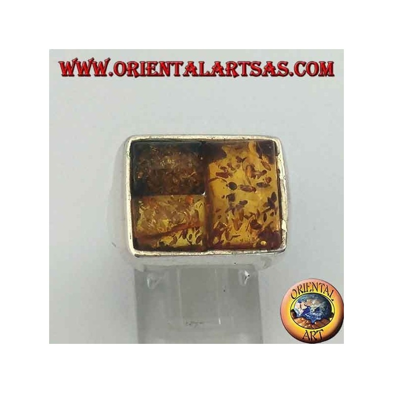 Rectangular silver ring with three rectangular amber
