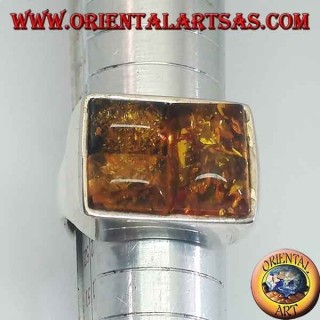 Rectangular silver ring with three rectangular amber