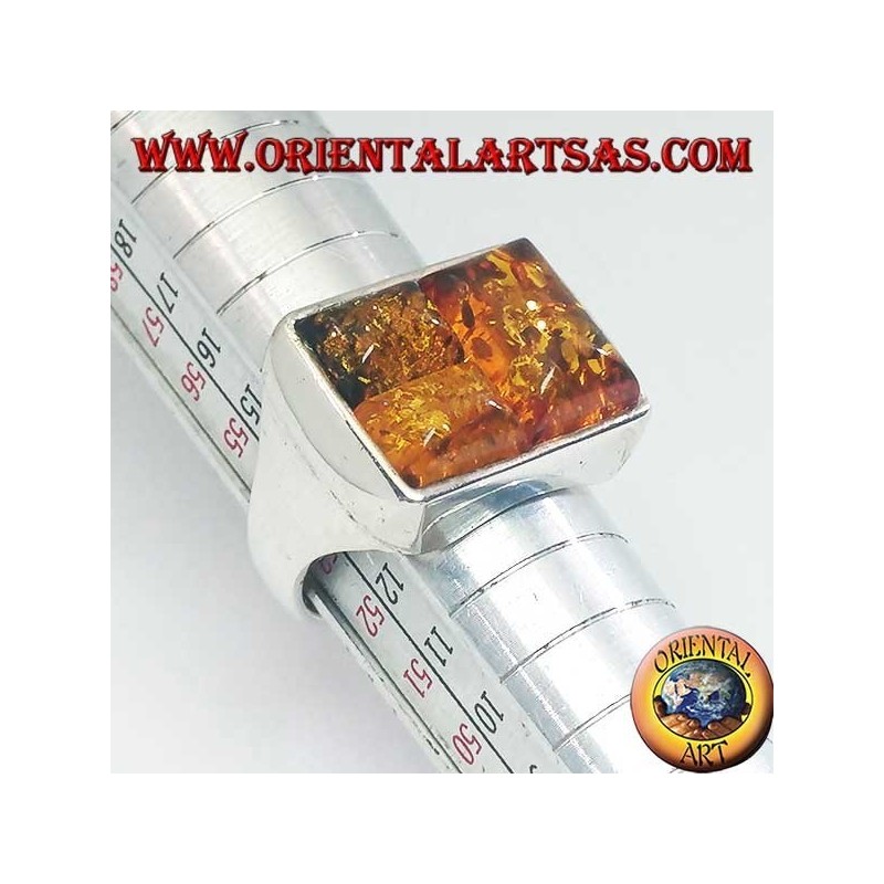 Rectangular silver ring with three rectangular amber