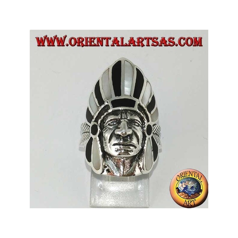 Silver ring, native American Indian head with mother of pearl and onyx feathers