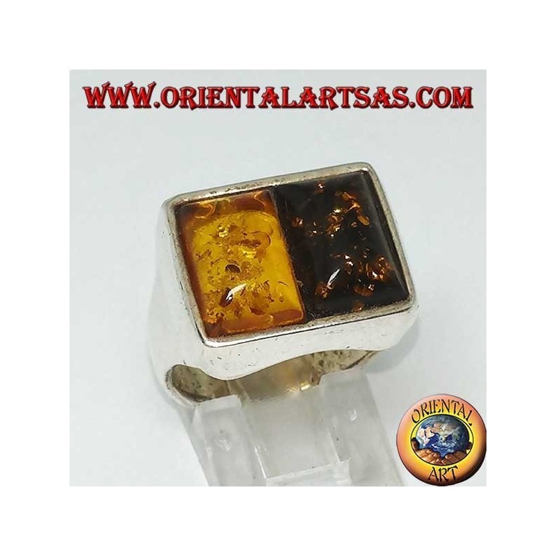 Rectangular silver ring with 1 yellow amber and 1 green amber