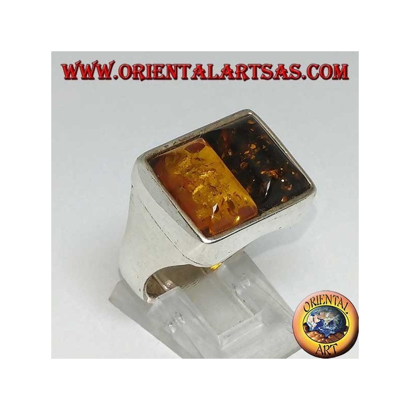 Rectangular silver ring with 1 yellow amber and 1 green amber