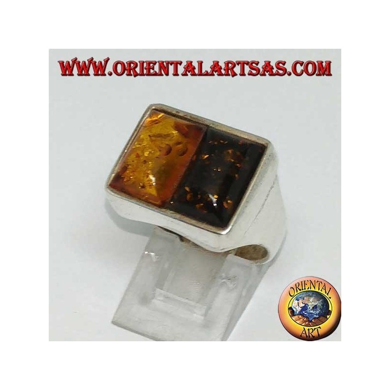 Bague rectangulaire en argent avec 1 ambre jaune et 1 ambre vert