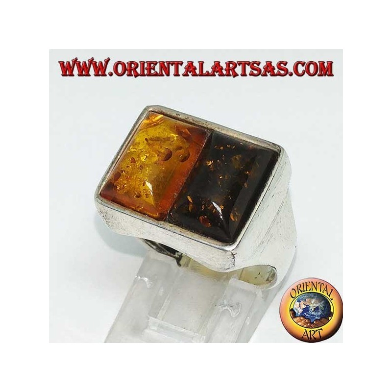 Rectangular silver ring with 1 yellow amber and 1 green amber