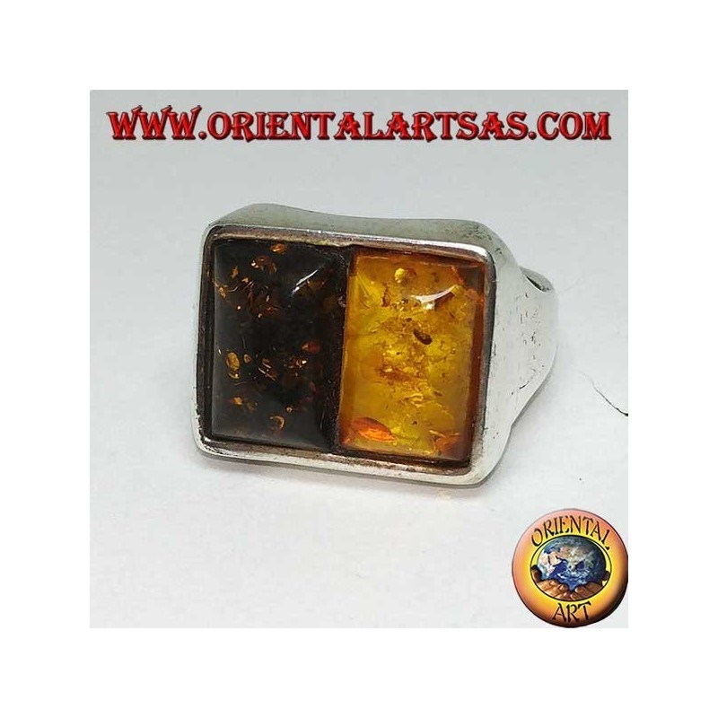 Bague rectangulaire en argent avec 1 ambre jaune et 1 ambre vert