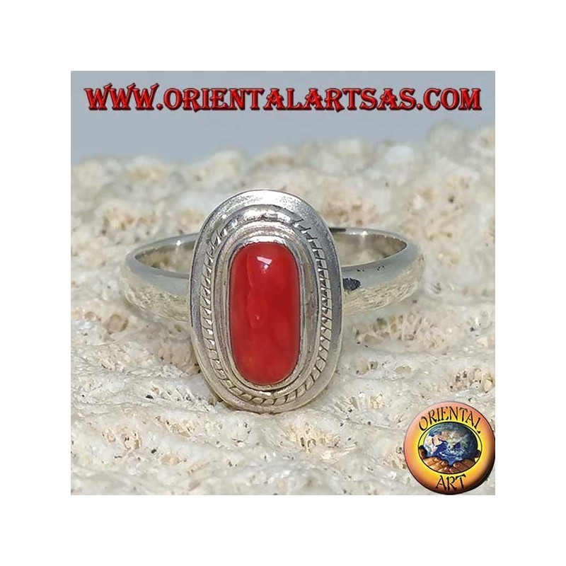 Bague en argent avec corail naturel sertie d'une bordure en pierre (fait main)