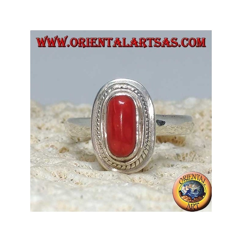 Silver ring with natural coral set in a stone border (handmade)