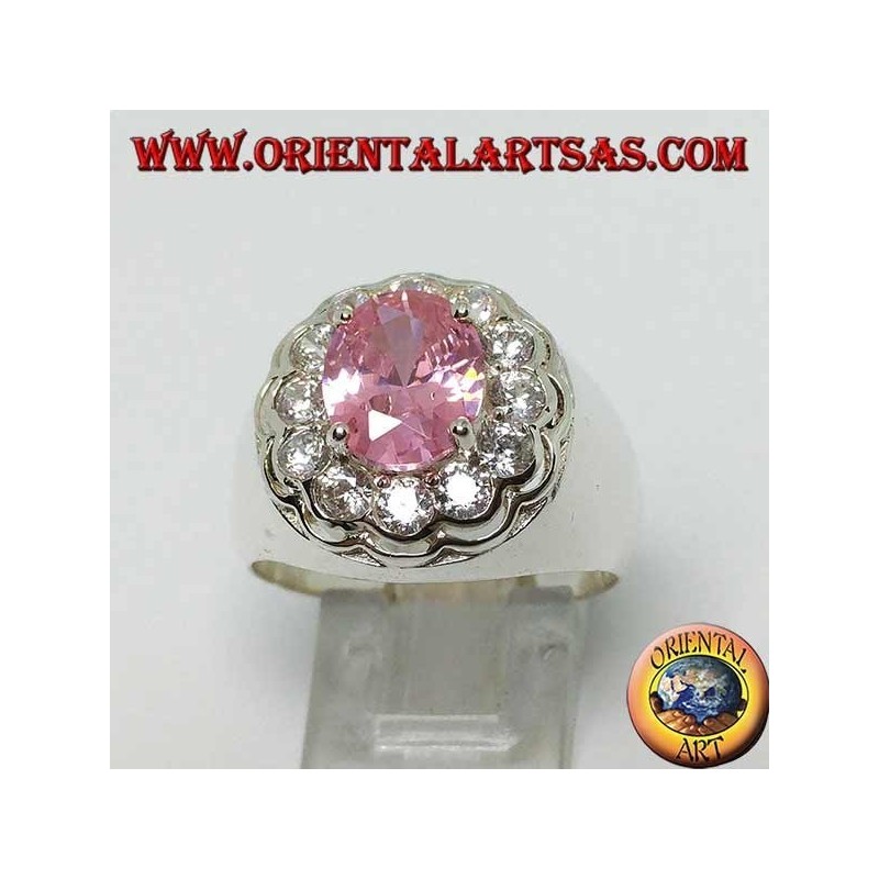 Anillo de plata con circonita rosa ovalada facetada rosa rodeada de circonitas de corte brillante