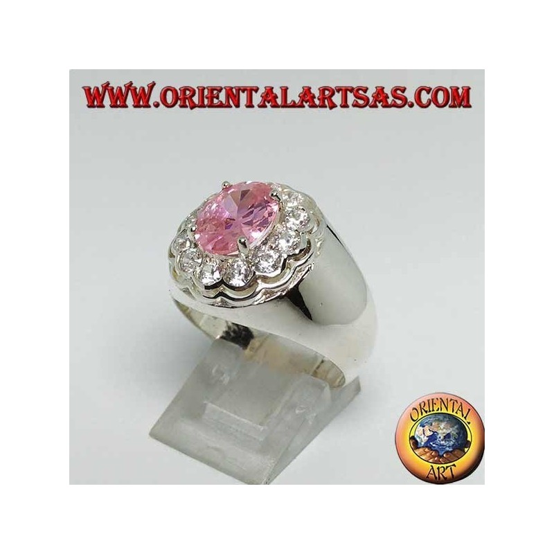 Silver ring with pink faceted oval pink zircon surrounded by brilliant cut zircons