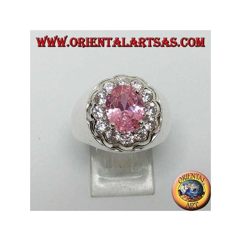 Silberring mit rosa facettiertem ovalem rosa Zirkon, umgeben von Zirkonen im Brillantschliff