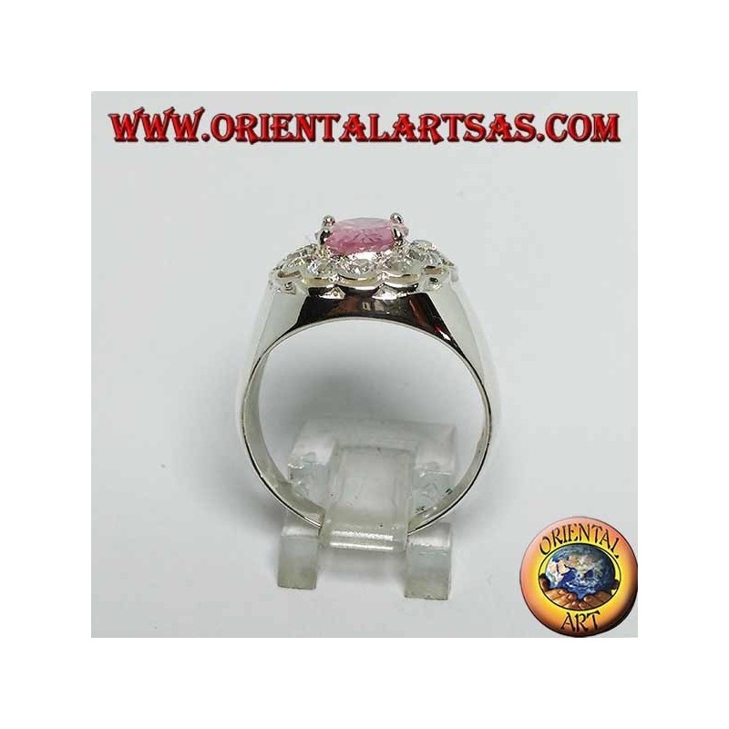 Anillo de plata con circonita rosa ovalada facetada rosa rodeada de circonitas de corte brillante