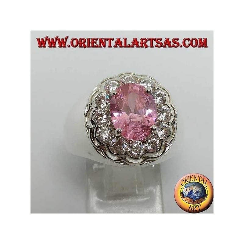 Silver ring with pink faceted oval pink zircon surrounded by brilliant cut zircons