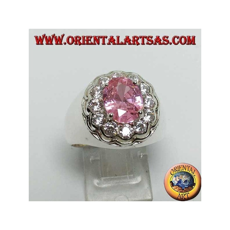 Silberring mit rosa facettiertem ovalem rosa Zirkon, umgeben von Zirkonen im Brillantschliff