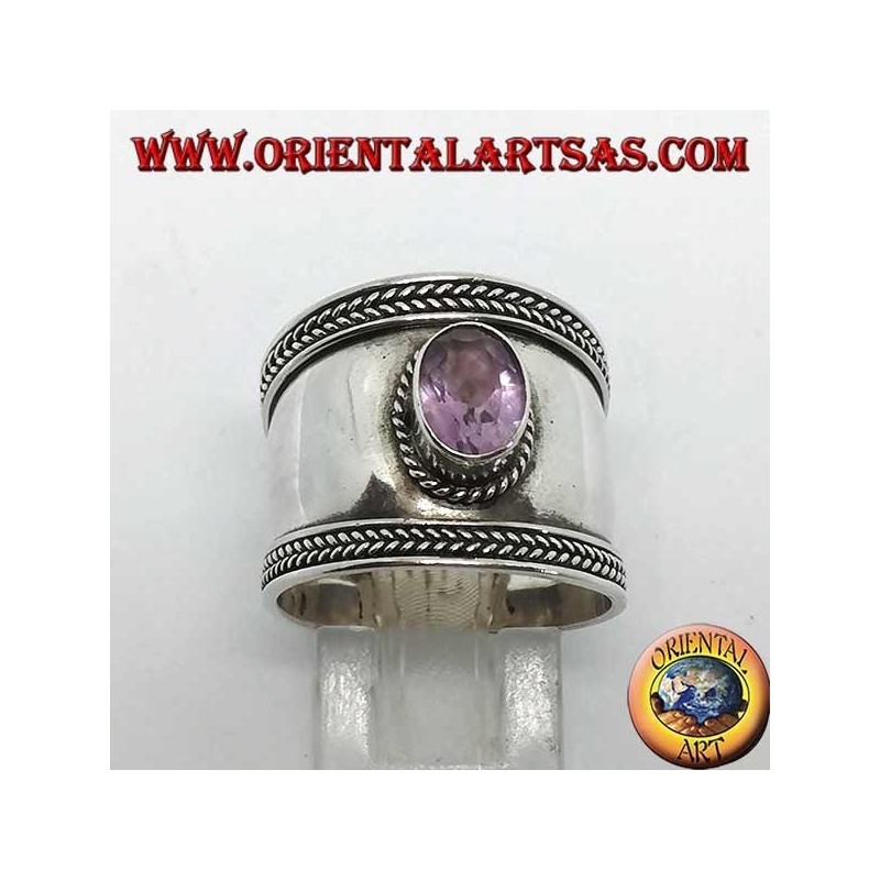 Breiter Silberring mit ovalem Amethyst, Bali