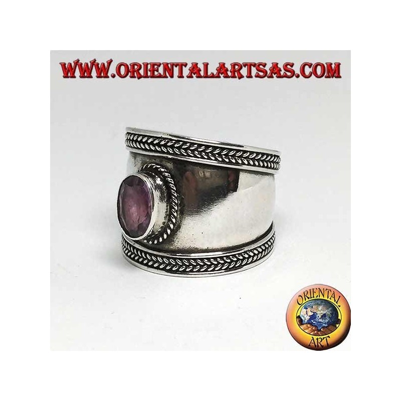 Anello fascia larga con ametista ovale naturale in argento 925‰, Bali