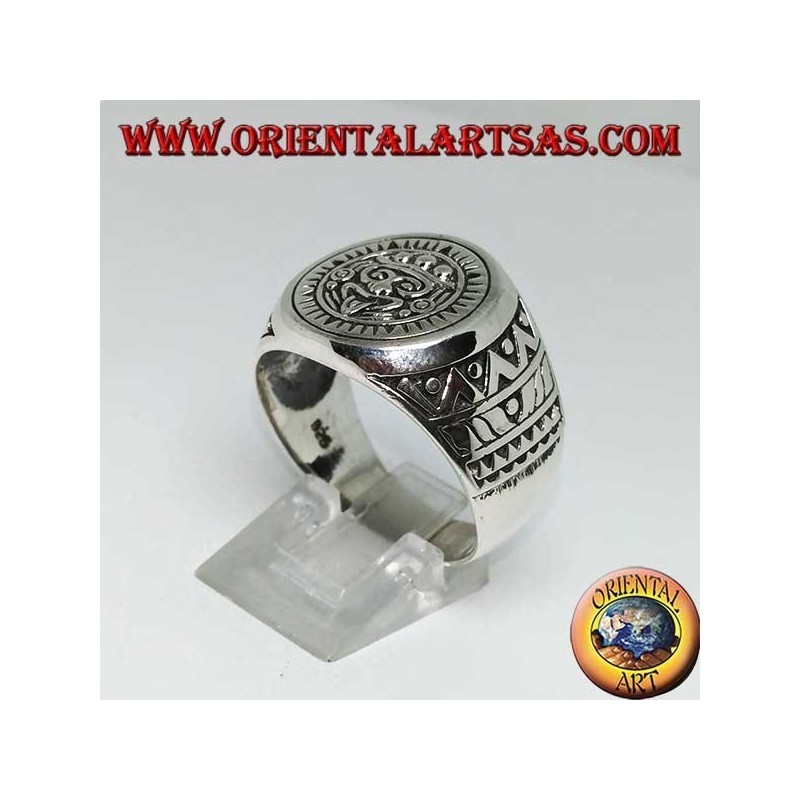 Silver ring depicting the sun stone (Aztec monolith)