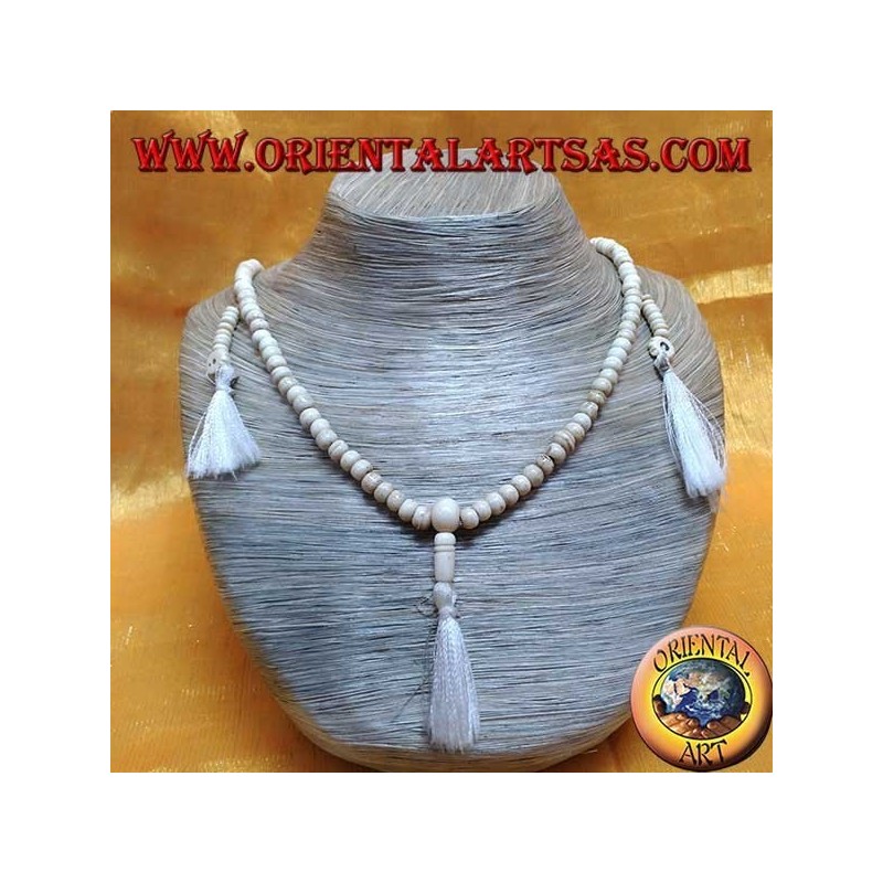 Mālā (Japamālā) Chapelet bouddhiste à 108 grains de 6,5 mm. en os de yak avec 3 touffes