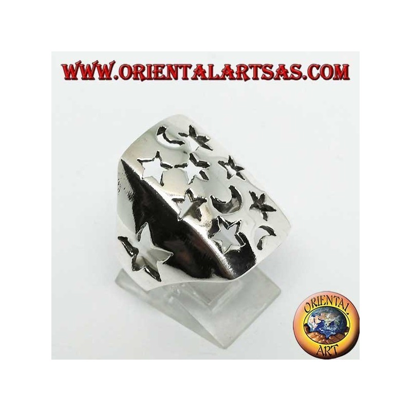 Anillo rectangular de plata calado con estrellas y lunas