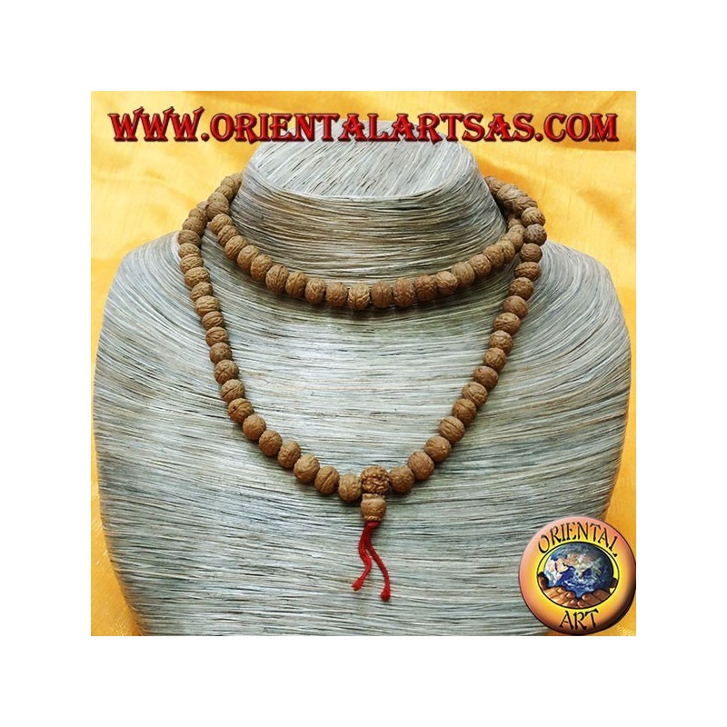 Chapelet bouddhiste Mālā (Japamālā) avec 108 grains de 8 mm. en graines Ritu ou Raktu et fils rouges