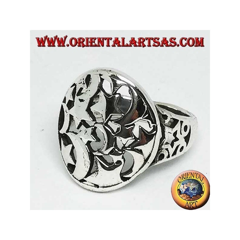 Round openwork silver ring with stars and moons