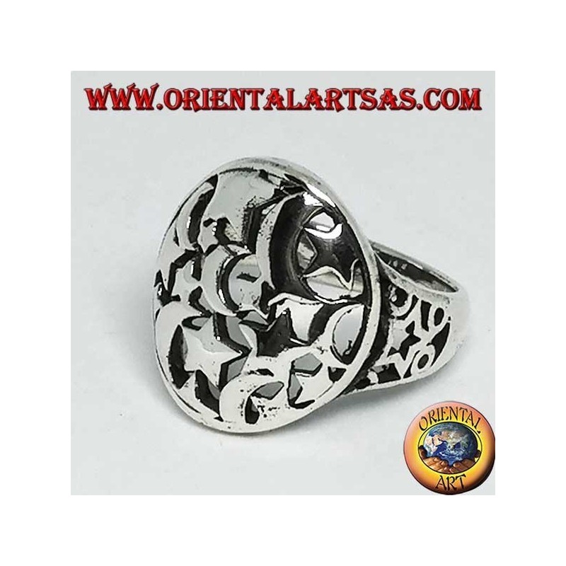 Round openwork silver ring with stars and moons