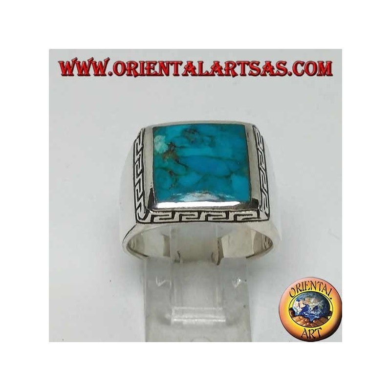 Silver ring with natural square turquoise surrounded by a Greek engraving (22)