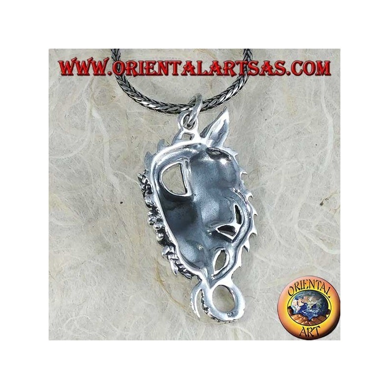 Silver dragon pendant with two skulls