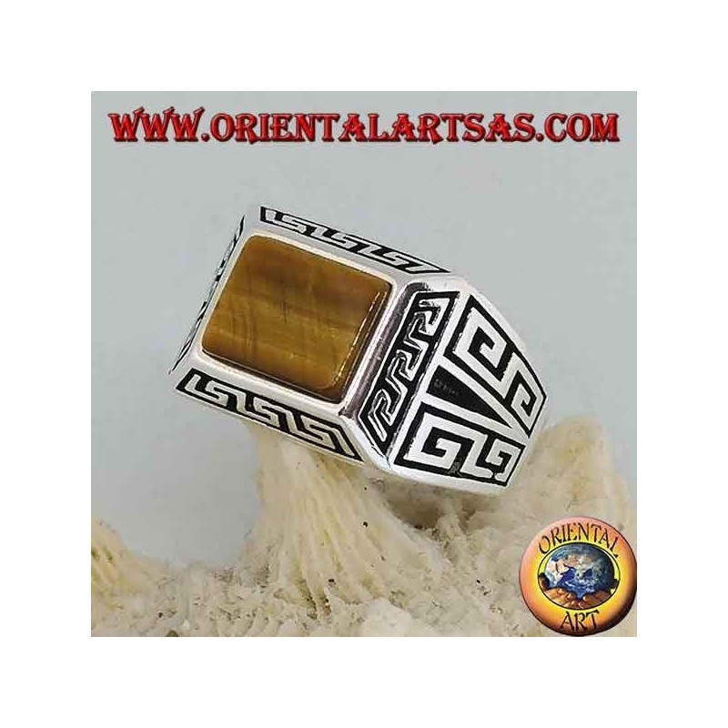 Silver ring with rectangular tiger's eye, surrounded by bas-relief Greek frets
