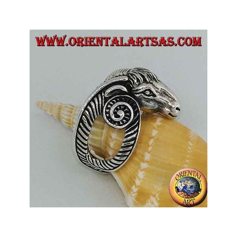 Silver ring in the shape of a large Aries head