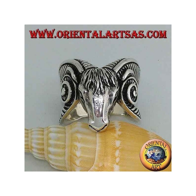 Silver ring in the shape of a large Aries head