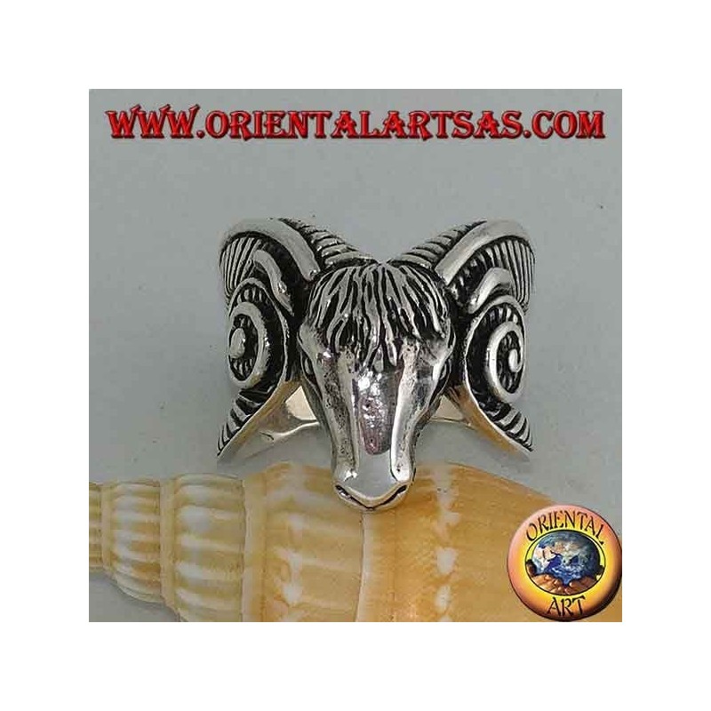 Silver ring in the shape of a large Aries head