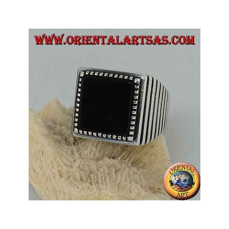 Silver ring with large square onyx, striped on the sides