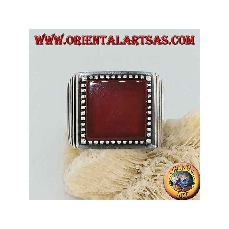 Silver ring with large square carnelian, striped on the sides