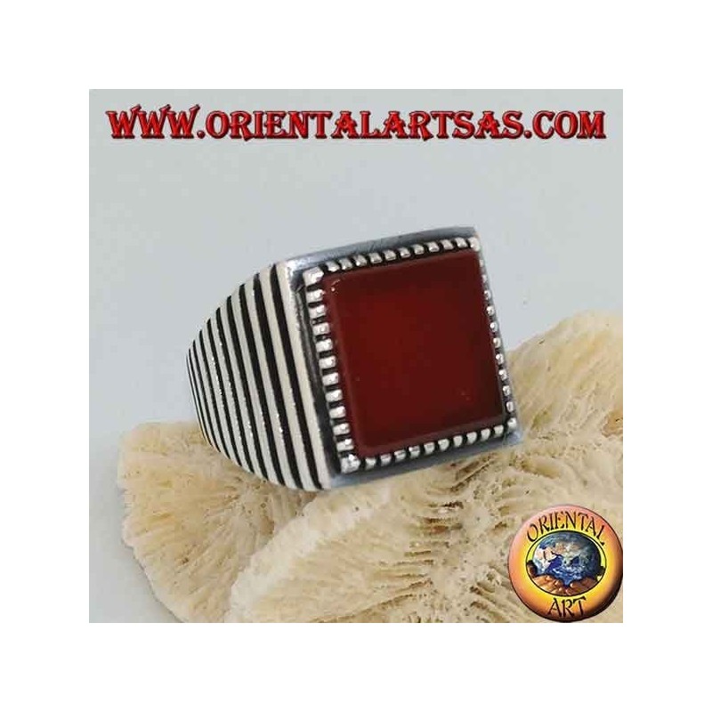 Silver ring with large square carnelian, striped on the sides