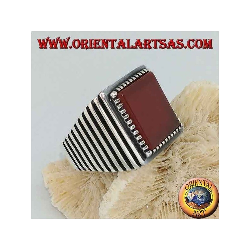 Silver ring with large square carnelian, striped on the sides