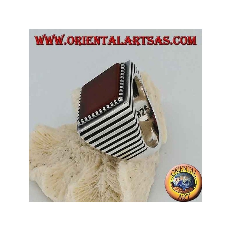 Silver ring with large square carnelian, striped on the sides