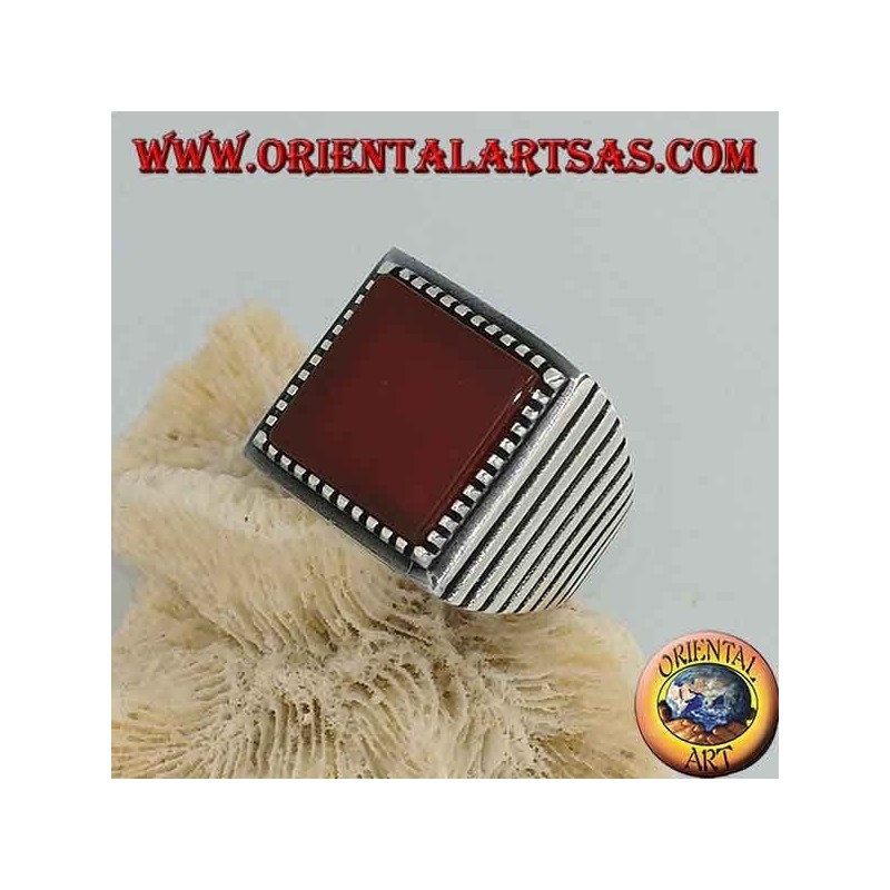 Silver ring with large square carnelian, striped on the sides